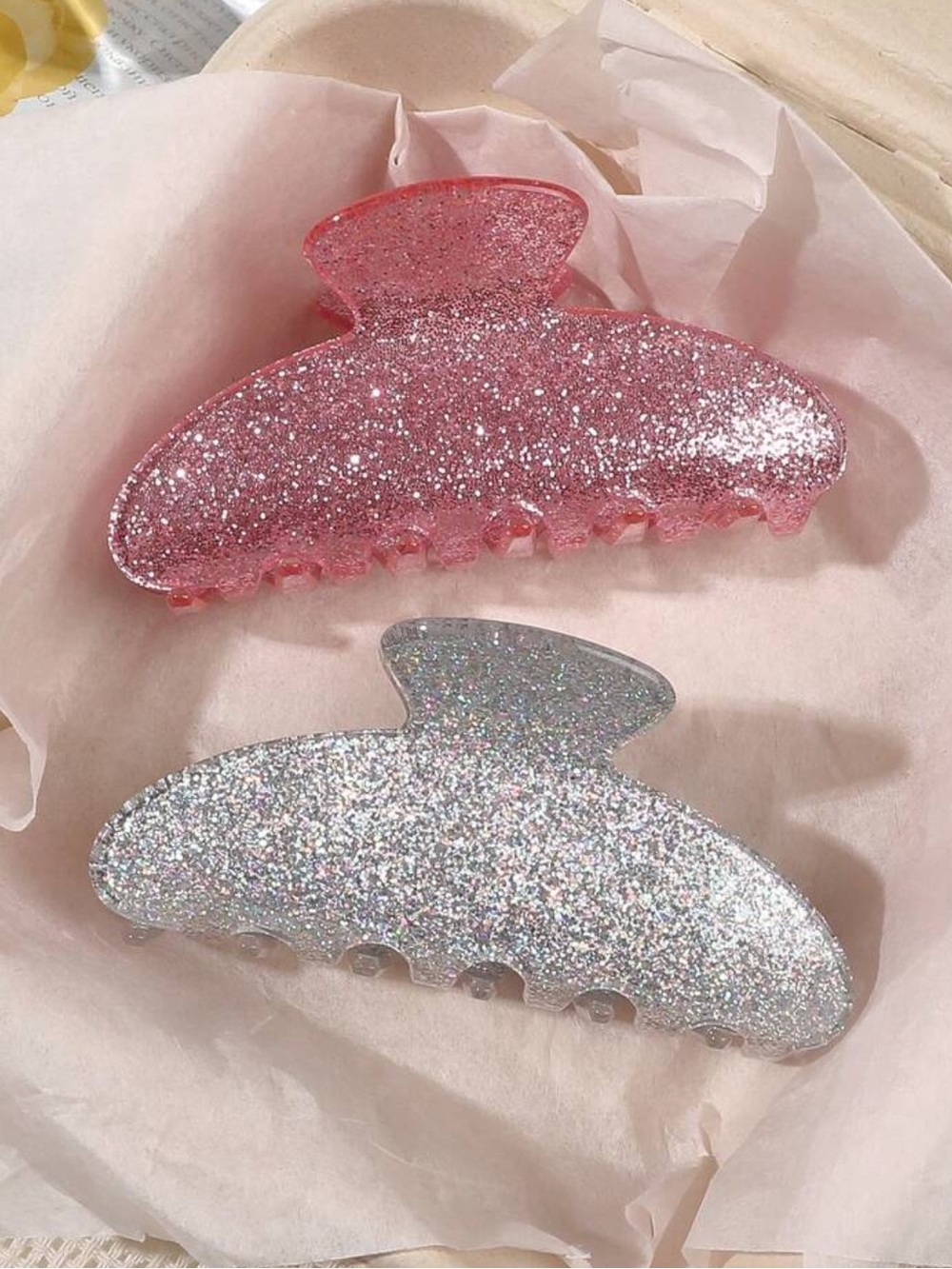 2pcs/Set White & Pink Glitter Sequin Half-Round Hair Claw Clips, Korean Chic
